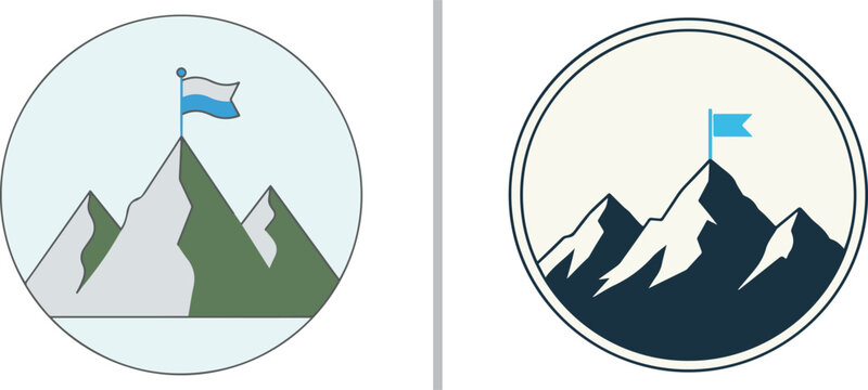 Two minimalist circular icons featuring mountain peaks with a flag at the summit, representing achievement, goals, and success in flat and line art styles.