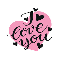 i love you calligraphy with hearts, black shape vector illustration with pink heart isolated on white background, design element for valentine`s day, greeting cards, poster, invitation, sticker