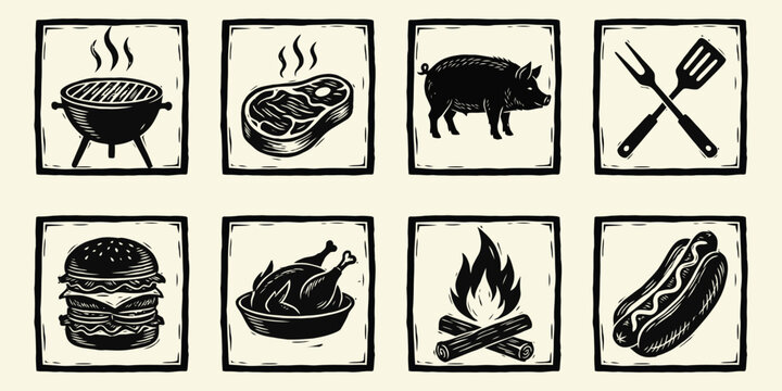 Vintage BBQ and Meat Icons Set in Woodcut Style
