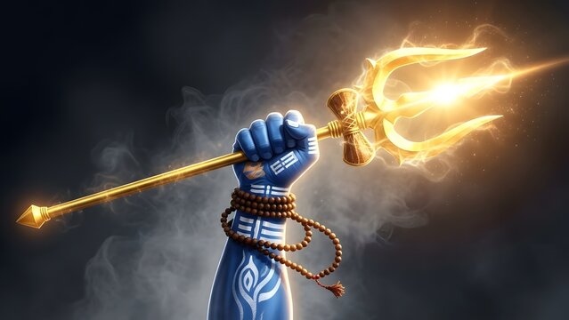 Hand of lord shiva holding a glowing golden trishula trident against a dark, smoky background
