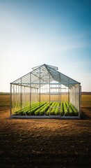 Obraz premium Modern glass greenhouse structure stands alone in a field, providing warmth and protection for rows of delicate seedlings inside, temperature, standalone, architecture