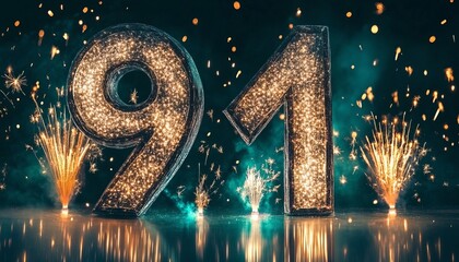 Stunning Metallic Sculpture of the Digit 91 Surrounded by a Vibrant, Colorful Festive Sky Display