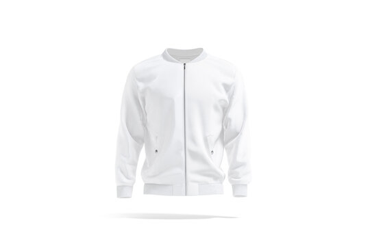 Blank white bomber jacket mockup, png, transparent background, 3d rendering. Empty windbreaker clothing with zipper mock up, cut out. Clear satin or textile waterproof coat for urban outwear template.