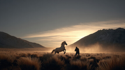 Man riding white horse in golden field at sunrise, dramatic mountain landscape, dust in air, adventurous and serene mood
