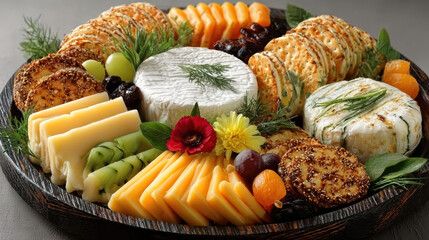 Cheese platter with assorted crackers, green grapes, dried fruit, fresh herbs, and edible flowers arranged on round tray