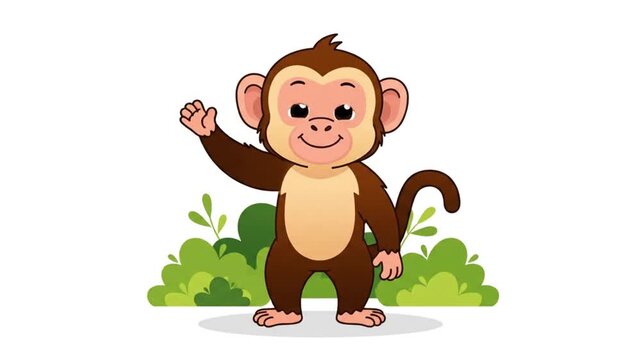 Cute Cartoon Monkey Waving Hand on Green Grass Smiling in Clean White Background Creating Friendly Playful Character Animation for Children Education Content