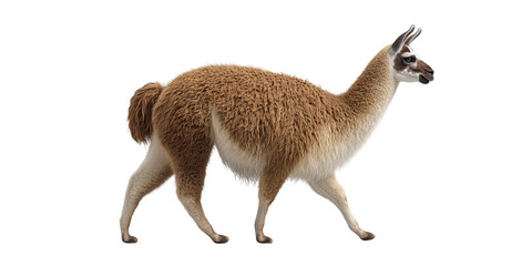 Obraz premium Brown and white llama walking side view isolated on a transparent background