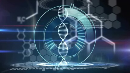 Holographic DNA helix spinning in virtual lab interface, displaying code blocks and neon rings - Powered by Adobe