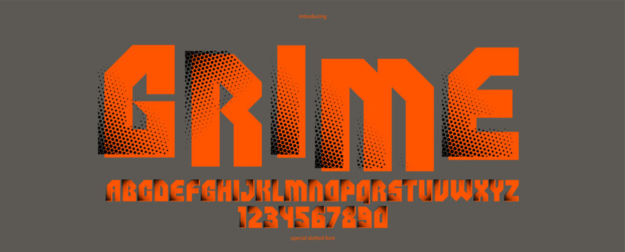 Halftone dotted futuristic cyberpunk font for logos and posters, vector brutal industrial typeface alphabet letters and numbers, urban technic future typography.