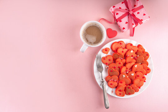 Red velvet pancakes in form of hearts for Valentine Day