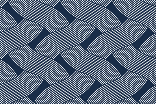 Traditional lacing wicker seamless pattern, vector weaving geometric repeat abstract background, interlacing rattan knitting tiling wallpaper.