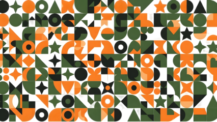 Geometric pattern with orange, green, and black shapes on transparent background