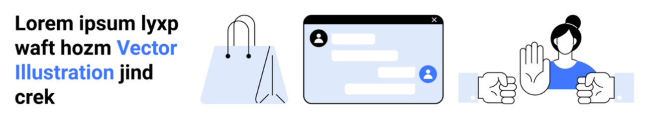 Fototapeta premium E-commerce, communication, social interaction, privacy, online safety, customer service. Shopping bag, chat screen person gesturing stop. E-commerce and communication activities concept
