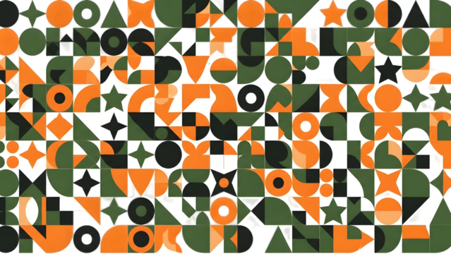 Geometric pattern with orange, green, and black shapes on transparent background - Powered by Adobe