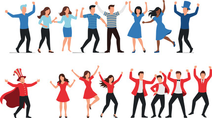 Large collection of happy diverse people celebrating dancing and jumping with joy wearing casual outfits and formal attire for party event and community success vector.