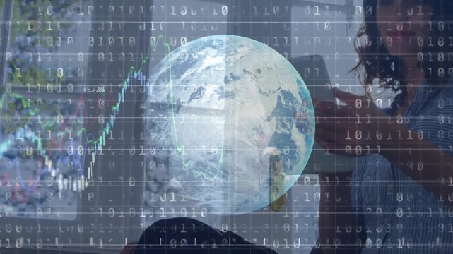 Woman tapping smartphone and rotating globe, driving finance charts rising over binary code