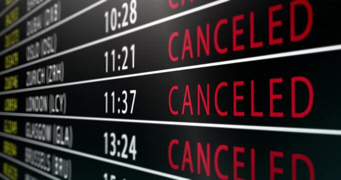 Close up animated airport departures board with bold canceled notices, illustrating airline disruption, travel chaos, systemic delays, and the fragility of international air transportation networks.