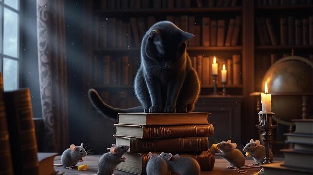 Black Cat King of the Library Sitting on Books with Mice Companions