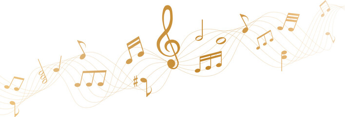 Abstract gold music notes and clef on wavy pentagram lines for musical stave composition and creative sound design