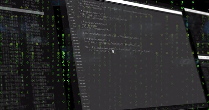 Green binary cascading initiating monitor fading in, code editor filling with script build demo