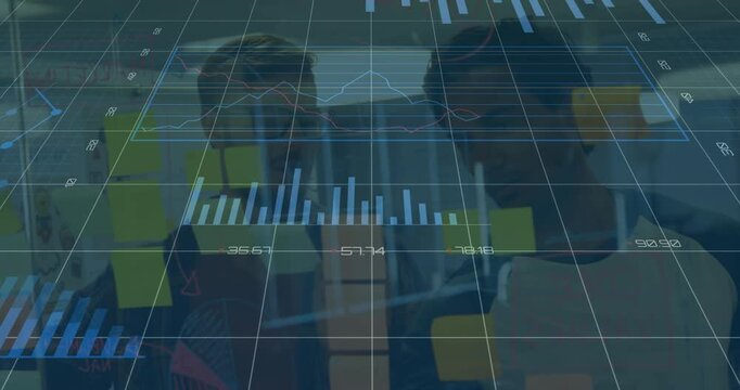 Analysts interacting with grid overlay appearing updating charts while analyzing business metrics