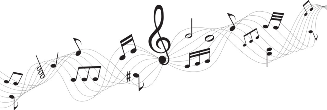 Abstract music notes and clef on wavy pentagram lines for musical stave composition and creative sound design
