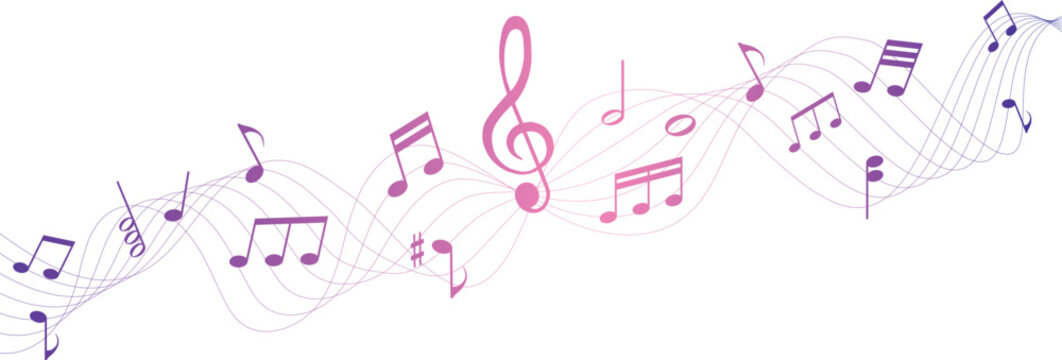 Abstract purple music notes and clef on wavy pentagram lines for musical stave composition and creative sound design