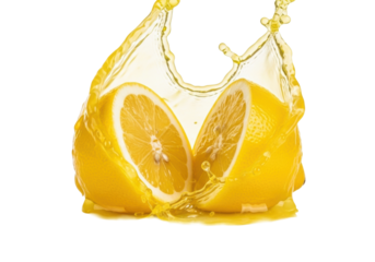 Ripe lemon, perfectly sliced in half, exposing juicy yellow segments and white pith, with energetic liquid splashing mid-air against a transparent studio background. Concept of intense freshness
