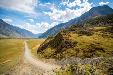 Aerial view of Chulyshman valley in Altai Russia surrounded by majestic mountains and wild nature Vast untouched landscape of Siberian wilderness