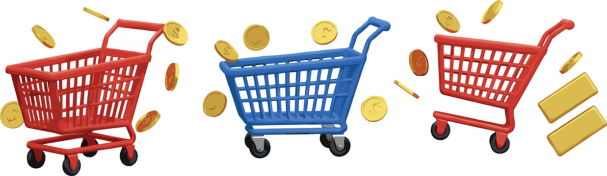 Shopping cart profit vector illustration set with coins and gold bars, retail earnings, ecommerce revenue, sales success and consumer spending concept isolated