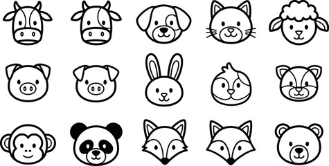 Set of cute farm and forest animal faces icons in outline style