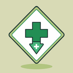 Obraz premium Green Medical Emergency Sign with Downward Arrow and Cross Icon Conveying Critical Health Guidance