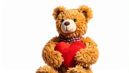 Obraz premium A plush light brown teddy bear sits upright against a white background, holding a large red heart-shaped pillow, symbolizing affection, comfort, and love in a warm, gift-ready presentation.