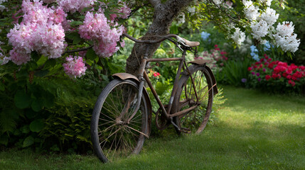Fototapeta premium Rustic bicycle leaning against a flowering tree.