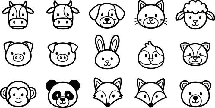 Set of cute farm and forest animal faces icons in outline style