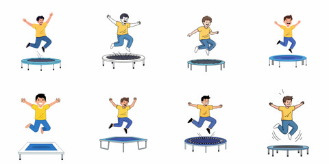 Fototapeta premium Eight vector illustrations of happy boys energetically jumping high on various trampolines, showcasing fun, freedom, and active childhood play on a white background.