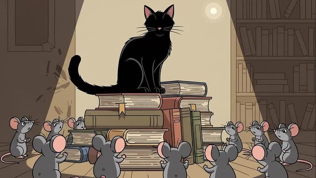 Black cat on books surrounded by mice in a library cartoon