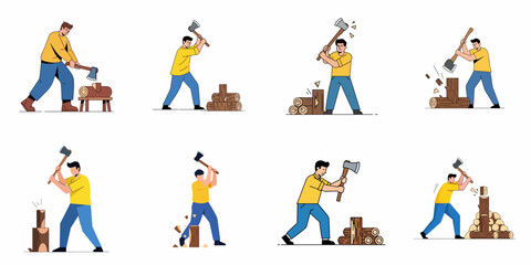 Fototapeta premium Man Chopping Firewood Vector Illustrations Set: Woodcutter Splitting Logs with an Axe, Depicting Physical Labor and Winter Preparation.