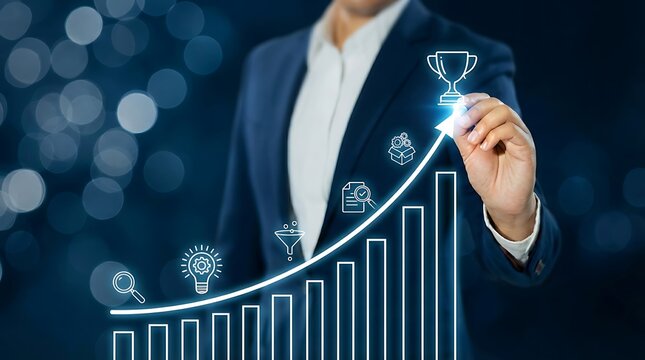 Businessman interacting with a futuristic graph and icons symbolizing growth and success in a professional setting with technology - Powered by Adobe