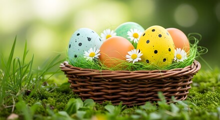 Fototapeta premium Colorful easter eggs in a wicker basket on a grassy lawn with flowers