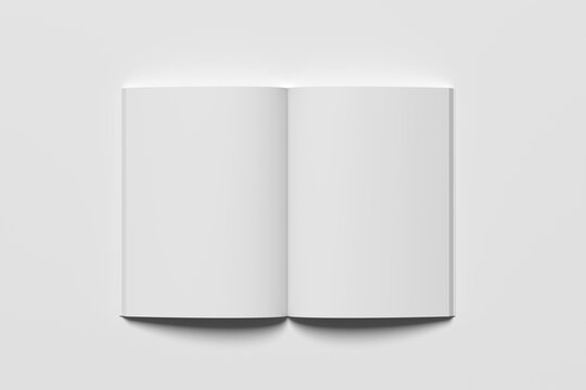 A4 open book, magazine or catalog mockup top view, isolated on grey background.

