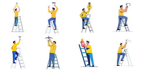 Set of illustrations depicting a man on a ladder changing, installing, and fixing light bulbs in various electrical fixtures for home maintenance. © Muqodimatul