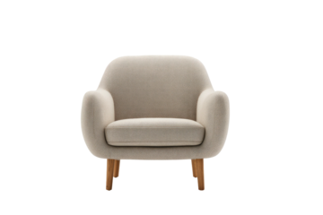 Isolated tan armchair with wood legs sits centrally on a solid black background