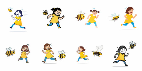 Vector illustration set of scared girls running and fleeing from an attacking yellow and black bee, symbolizing insect fear, anxiety, and allergy risk.