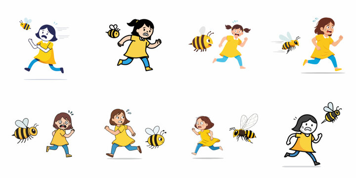 Vector illustration set of scared girls running and fleeing from an attacking yellow and black bee, symbolizing insect fear, anxiety, and allergy risk.