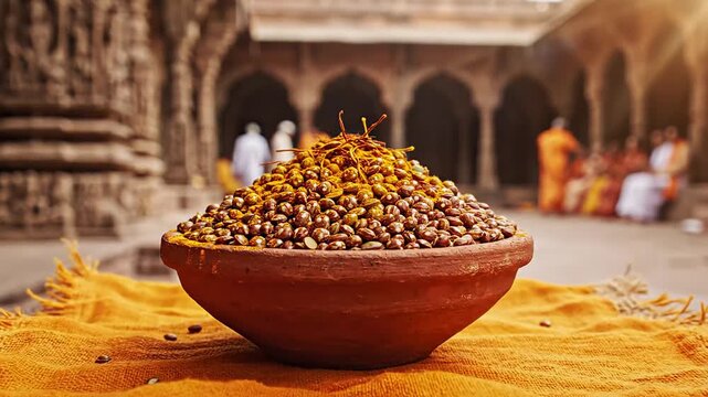 Raw moth beans in a terracotta pot foregrounded against ancient indian stone architecture depicting hindu culture
