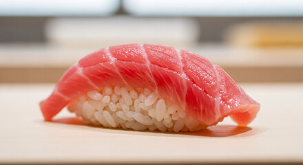 Close-up of a single, delicious tuna nigiri sushi with perfectly cooked rice and vibrant red fish slice on a light wooden surface.