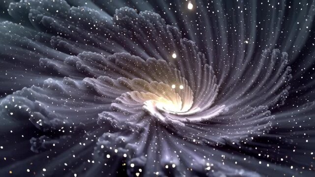A mesmerizing abstract image showcasing a cosmic swirl reminiscent of a flower. radiant light emanates from the center, surrounded by delicate, glittering particles, creating a sense of depth and ethe
