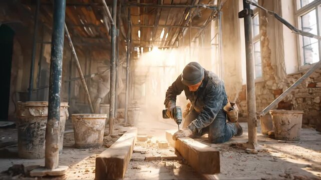 Man worker kneeling and drilling wood in an old building undergoing renovation, showing active construction and restoration work