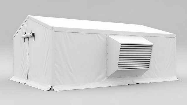 White temporary structure with air conditioning unit on a plain background.